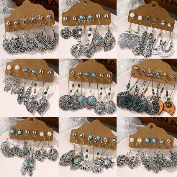 Wholesale Gem Hollow Half-circle Leaf Feather Vintage Earrings 6 Pairs Set For Discount