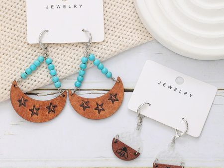 Wholesale Bohemian Moon Star Bee Print Hollow Acrylic Wood Earrings Online