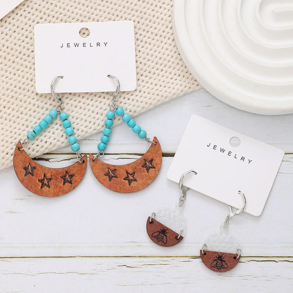 Wholesale Bohemian Moon Star Bee Print Hollow Acrylic Wood Earrings Online