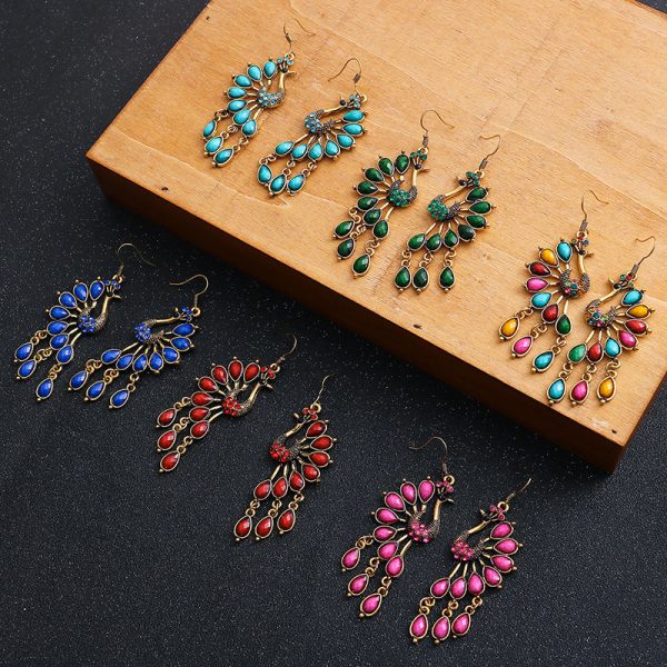 Wholesale Creative Retro Ethnic Style Fashion Bohemian Colored Resin Gemstone Peacock Earrings Supply