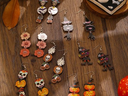 Wholesale Halloween Printed Colorful Pumpkin Skull Ghost Gift Creative Splicing Wooden Earrings Supply