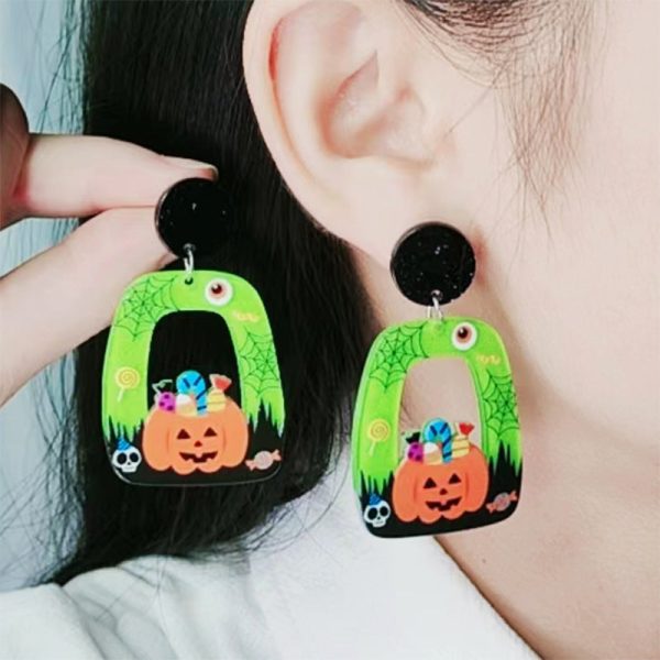 Wholesale Halloween Square Round Hollow Acrylic Ghost Pumpkin Cat Earrings Online Hot Sale