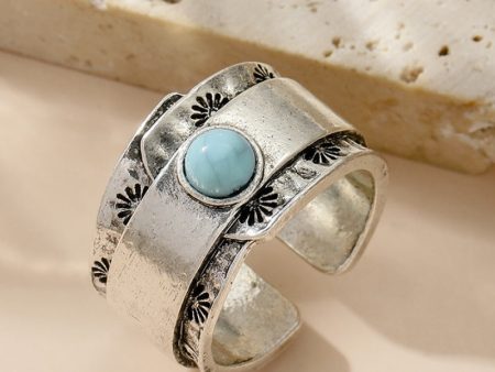 Wholesale Antique Silver Wide-rim Sunflower Pattern Turquoise Open Ring Fashion