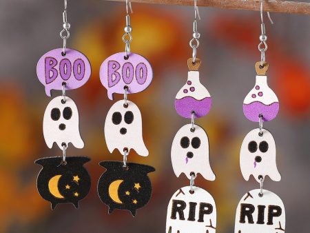 Wholesale Halloween Gothic Style Cute Ghost Tassel Stitching Wooden Double-sided Earrings For Sale