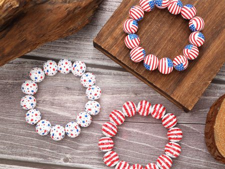 Wholesale American Independence Day Stars and Stripes Bright Color Wooden Beaded Bracelet Discount