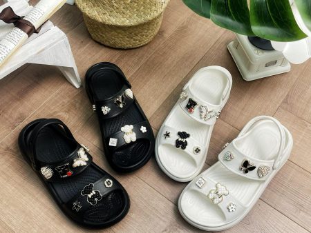 Wholesale Fashion Thick Sole Double Strap Black and White Cookie Bear Sandals Online now