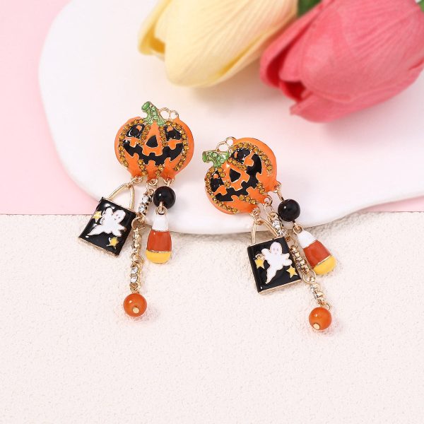 Wholesale Halloween Creative Fashion Oil Drop Funny Zircon Inlaid Pumpkin Skull Tassel Earrings Online now