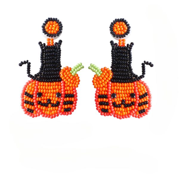 Wholesale Halloween Handmade Beaded Cute Pumpkin Rice Bead Earrings Discount