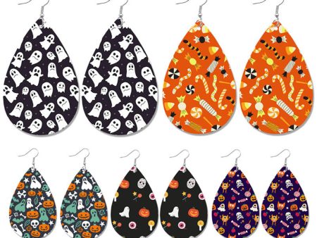 Wholesale Halloween Pumpkin Ghost Candy Print Water Drop Leather Earrings For Discount