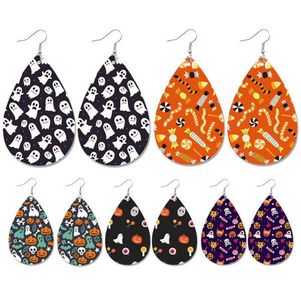 Wholesale Halloween Pumpkin Ghost Candy Print Water Drop Leather Earrings For Discount