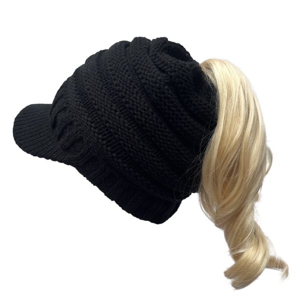 Wholesale Curled Stripe Ponytail Knitted Duck Tongue Wool Hat For Sale