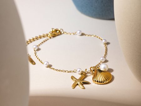 Wholesale 18k Gold Stainless Steel Pearl Chain Shell Starfish Pendant Bracelet Supply