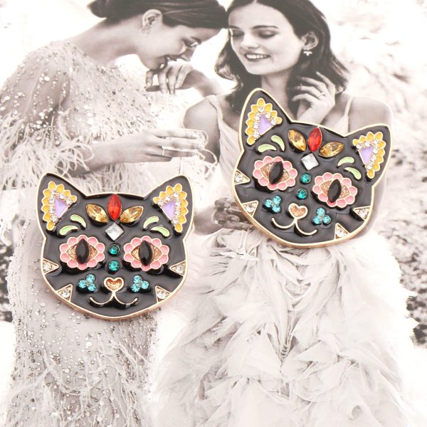 Wholesale Exaggerated Oil-drop Color Black Cat Inlaid with Rhinestone Alloy Earrings on Sale