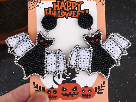 Wholesale Halloween Vintage Witch Hat Black Cat Demon Pumpkin Bat Beaded Earrings For Discount