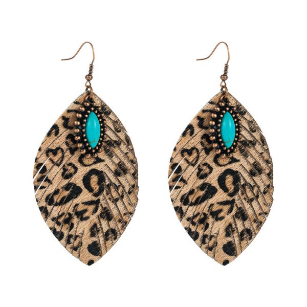 Wholesale Horsehair Genuine Leather Leaf Tassel Vintage Turquoise Leopard Earrings For Discount