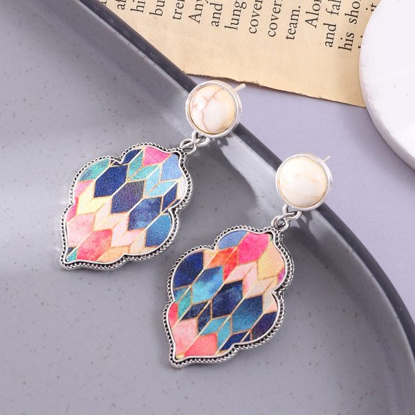 Wholesale Leather Alloy Turquoise Color Quadrilateral Earrings For Cheap