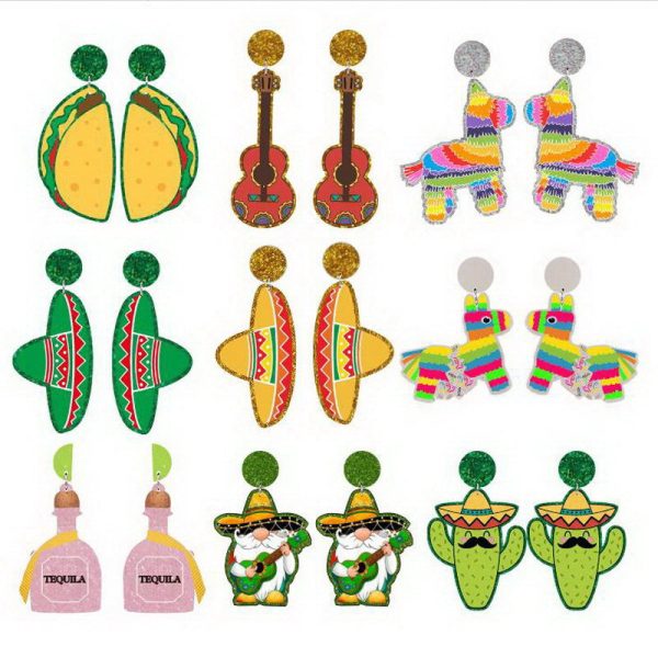 Wholesale Mexican Carnival May 5th Guitar Horse Hat Wine Bottle Violin Goblin Cactus Earrings Online now