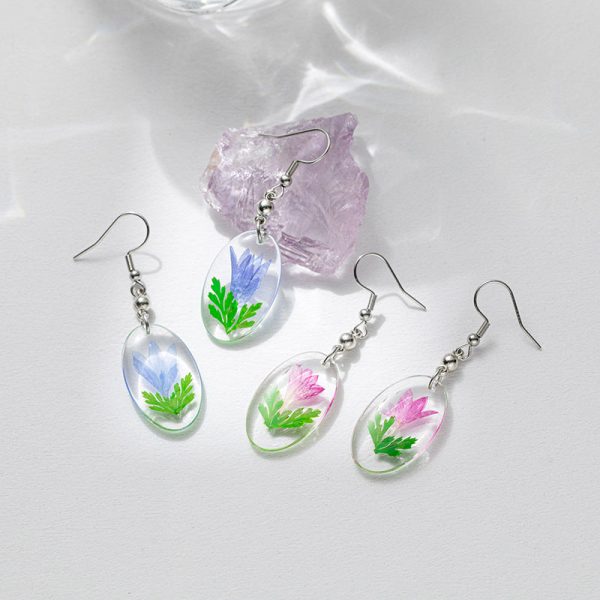 Wholesale 6pcs Purple Small Flower Dried Flower Real Flower Specimen Oval Earrings For Discount