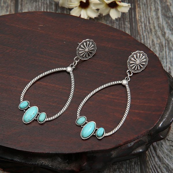 Wholesale Large Circle Teardrop Turquoise Hollow Daisy Exaggerated Earrings Fashion