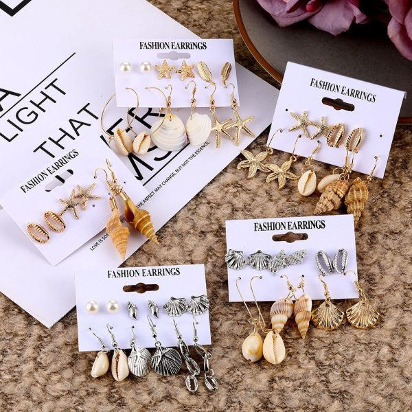 Wholesale Fashion Gold and Silver Natural Shell Scallop Earring Set Sale