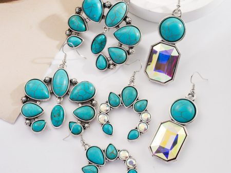 Wholesale Retro Geometric Creative Alloy Inlaid Turquoise Color Diamond Bohemian Earrings Supply