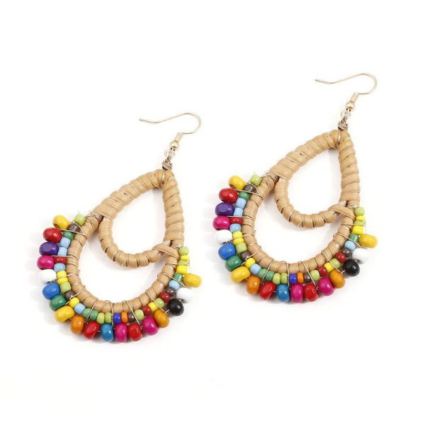 Wholesale Bohemian Rattan Wooden Beads Fishhook Hoop Earrings Fashion