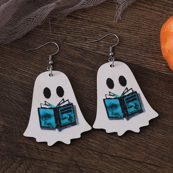 Wholesale Halloween Gothic Style Cute Ghost Flower Book Pocket Ghost Pendant Wooden Double-sided Earrings For Cheap