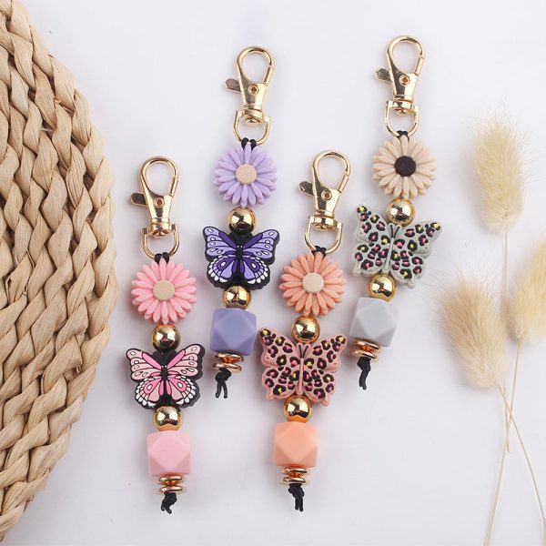 Wholesale Cartoon Colorful Butterfly Silicone Beaded Lanyard Keychain Online Hot Sale