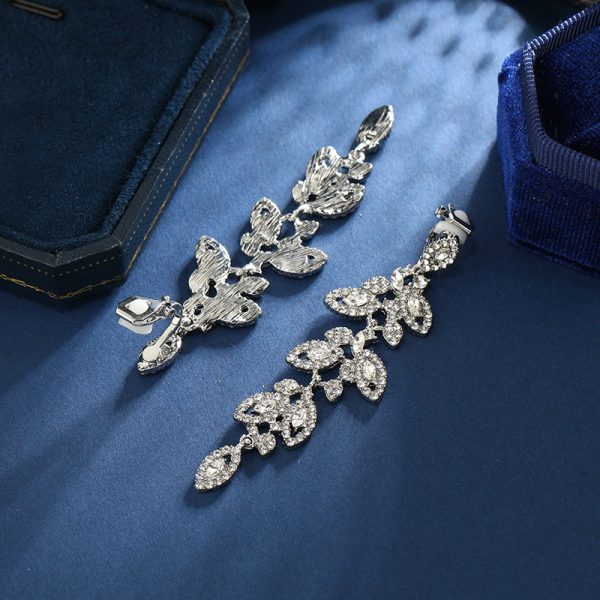 Wholesale Fashion Exaggerated Alloy Diamond Leaf Long Clip Earrings Online