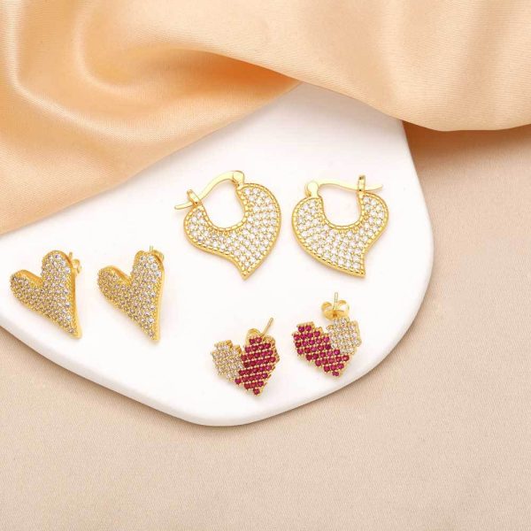 Wholesale Love Heart Copper Plated Real Gold Full Zircon Earrings Fashion