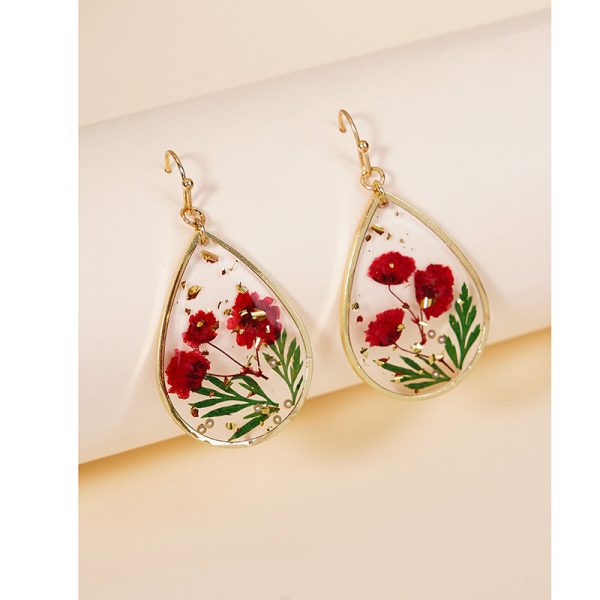 Wholesale Epoxy Leaf Eternal Red Dried Flower Earrings Fashion