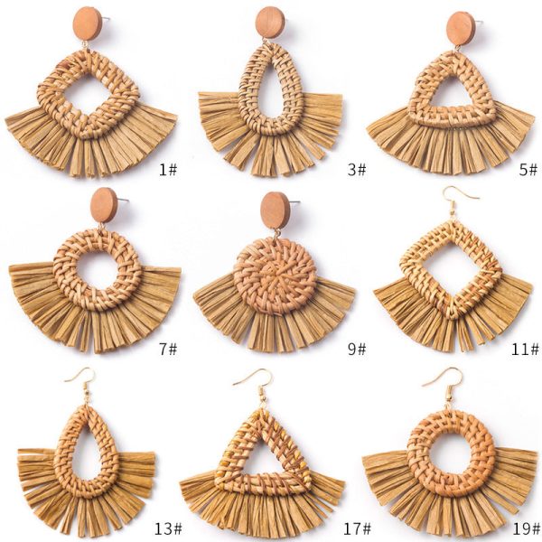 Wholesale Hand-woven Geometric Rattan Raffia Fan Earrings For Cheap