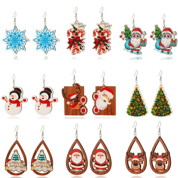 Wholesale Christmas Snowflake Santa Claus Wooden Earrings Hot on Sale