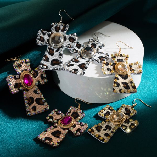 Wholesale Leopard Leather Vintage Alloy Diamond Cross Earrings Online Hot Sale