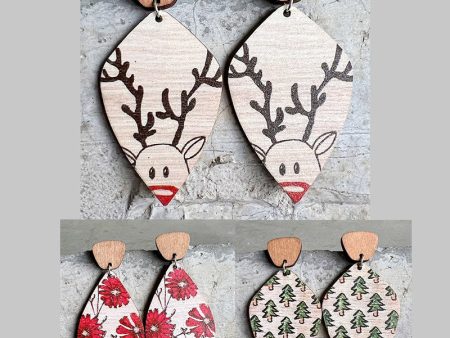 Wholesale 2 Pair Pack Bohemian Vintage Wood Texture Christmas Deer Cute Plant Earrings on Sale