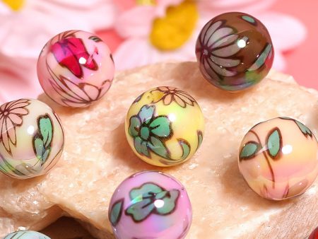 Wholesale 100pcs 16mm Color Plated Printed Round Beads Flower Acrylic Diy Beads Fashion