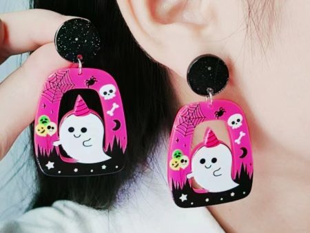 Wholesale Halloween Square Round Hollow Acrylic Ghost Pumpkin Cat Earrings Online Hot Sale