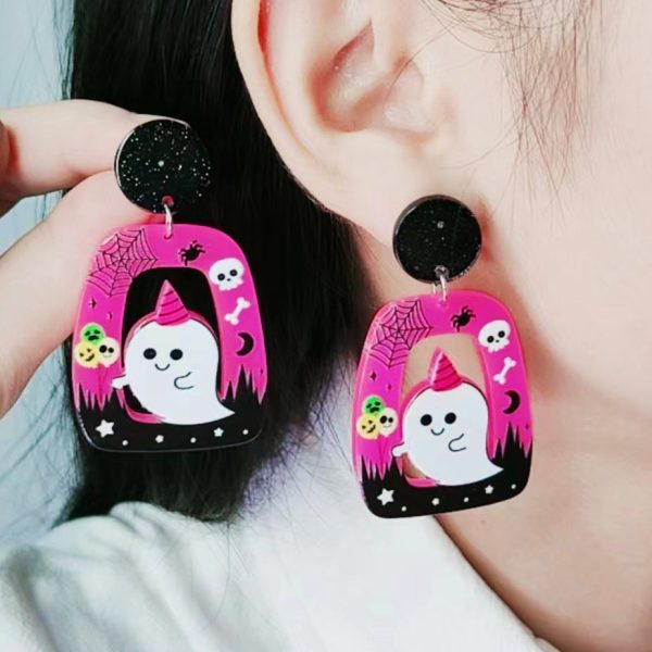 Wholesale Halloween Square Round Hollow Acrylic Ghost Pumpkin Cat Earrings Online Hot Sale