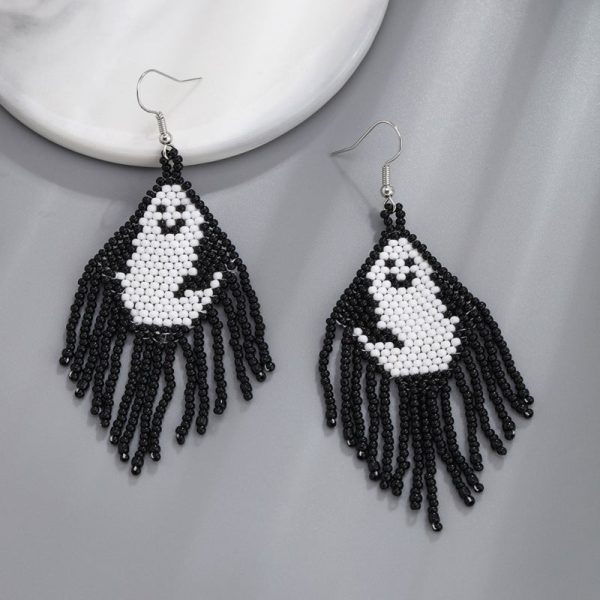 Wholesale Halloween Creative Skull Ghost Handmade Rice Bead Tassel Earrings Online Sale