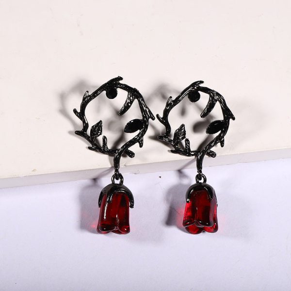 Wholesale Halloween Dark Style Thorn Vine Red Rose Flower Earrings Discount