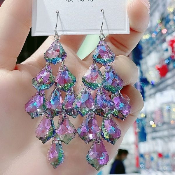 Wholesale Crystal Exaggerated Long Purple Tassel Earrings Supply