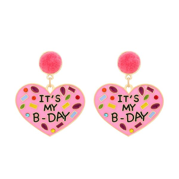 Wholesale My Birthday Colorful Diamond Enamel Heart-shaped Hair Ball Zinc Alloy Earrings Online Sale