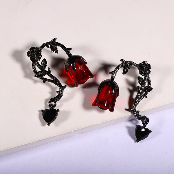 Wholesale Halloween Dark Style Thorn Vine Red Rose Flower Earrings Discount