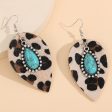 Wholesale Leaf Western Style Vintage Turquoise Leopard Leather Earrings Fashion