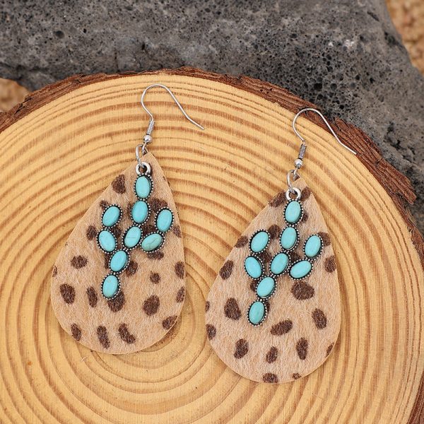 Wholesale Exaggerated Cactus Turquoise Western Cowboy Horse Hair Leopard Earrings Sale