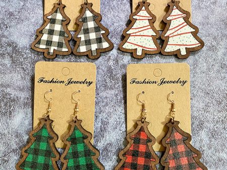 Wholesale Christmas Black and Red Plaid Christmas Tree Wooden Earrings Online