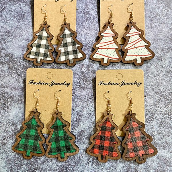 Wholesale Christmas Black and Red Plaid Christmas Tree Wooden Earrings Online