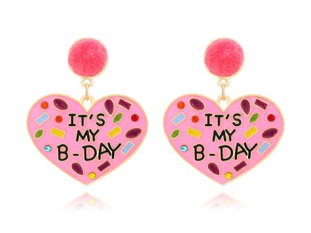 Wholesale My Birthday Colorful Diamond Enamel Heart-shaped Hair Ball Zinc Alloy Earrings Online Sale