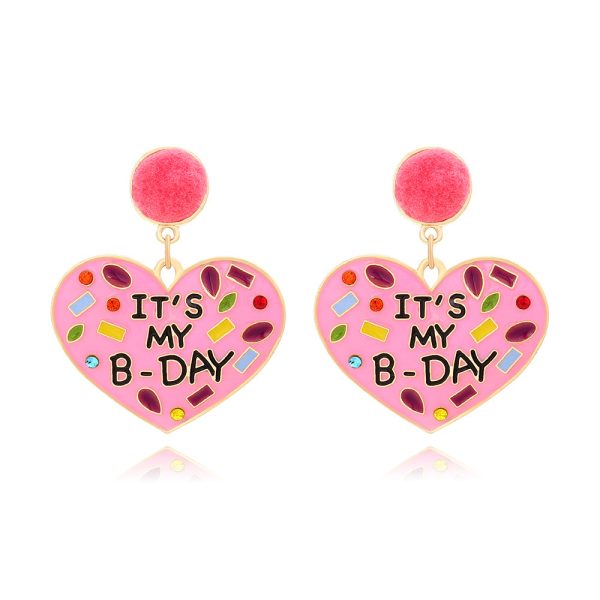 Wholesale My Birthday Colorful Diamond Enamel Heart-shaped Hair Ball Zinc Alloy Earrings Online Sale