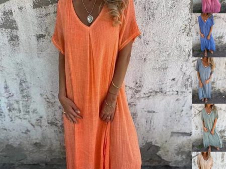 Wholesale Casual Loose Short Sleeve V-Neck Solid Color Cotton and Linen Dress Hot on Sale